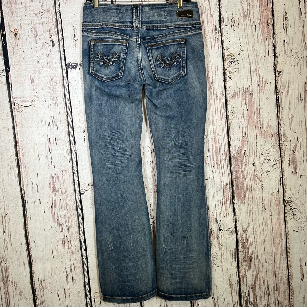 Vintage Industrial Cotton Embroidered Distressed Flare Bootcut Denim Jeans SZ 5 - Picture 6 of 16